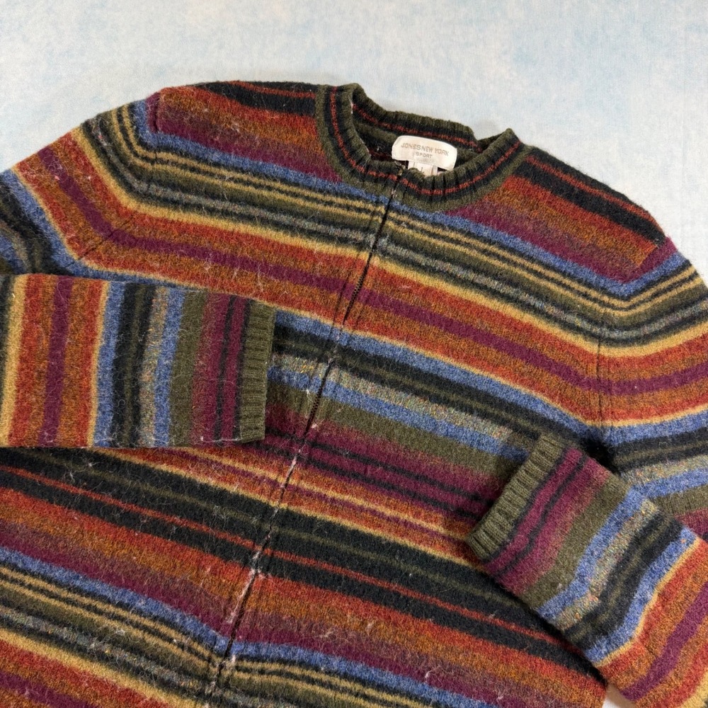 Jones New York Cardigan Womens L Multi Color Good Wool Blend Full Zip Striped